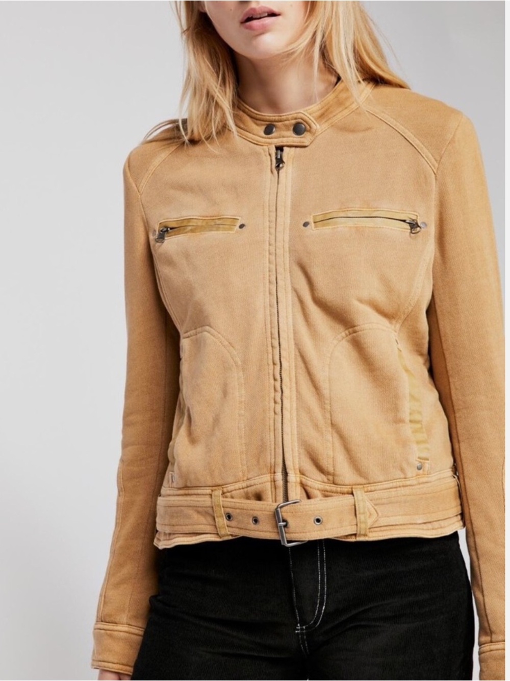 Free People Ride By Knit Moto Jacket Tan XS